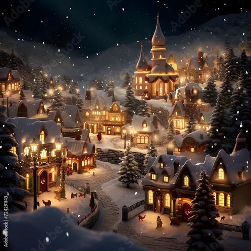 Merry Christmas and Happy New Year. Festive background with a Christmas village in the snow. © Iman