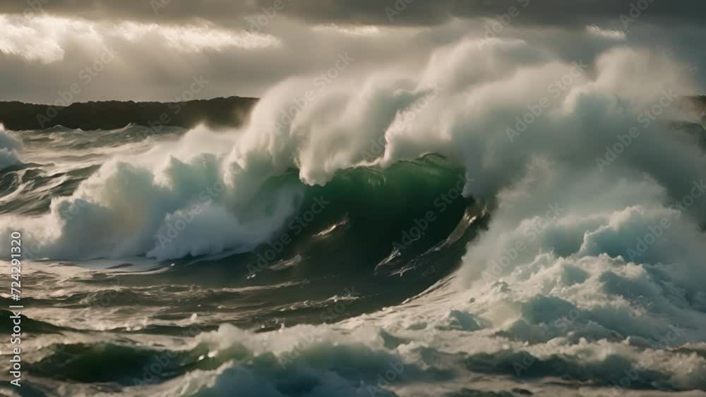 Closeup ferocious tidal wave, captivating viewers with unpredictable unstoppable force.