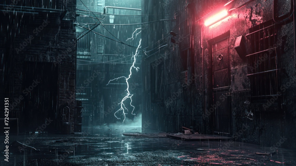 Fototapeta premium Dark Alley With Red Light Illumination Generative AI