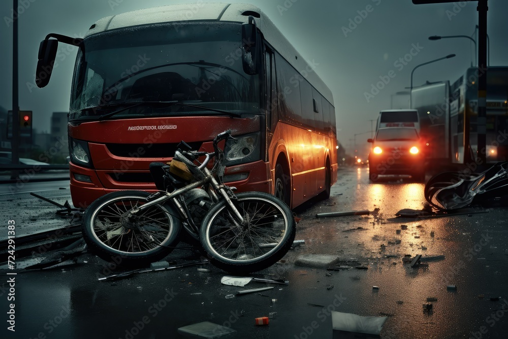 Bus and motorcycle collision on road. Red decker bus damaged by a traffic accident. bike crash. Violation of traffic rules. Road accident.