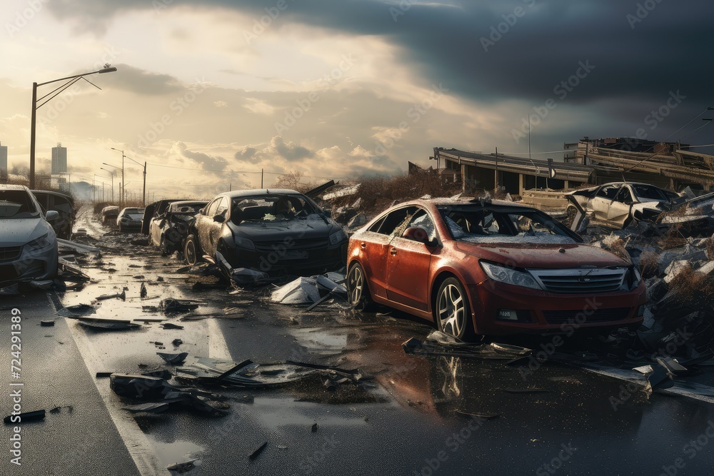 Car accident on the road. Damaged cars after a storm. Car accident, collision of cars.  Road safety and insurance concept. Broken cars in an accident.