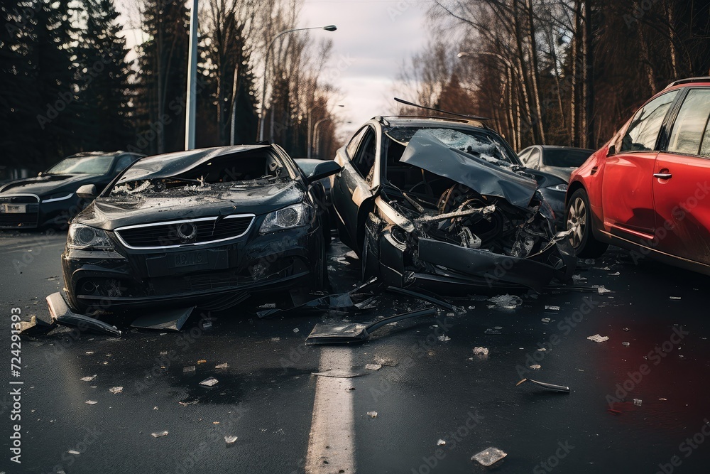 Car accident on the road. Cars crashed heavily in road accident after collision on city street. Road safety and insurance concept. Violation of traffic rules. Car accident on the road. Cars crashed heavily in road accident after collision on city street. Road safety and insurance concept. Violation of traffic rules.