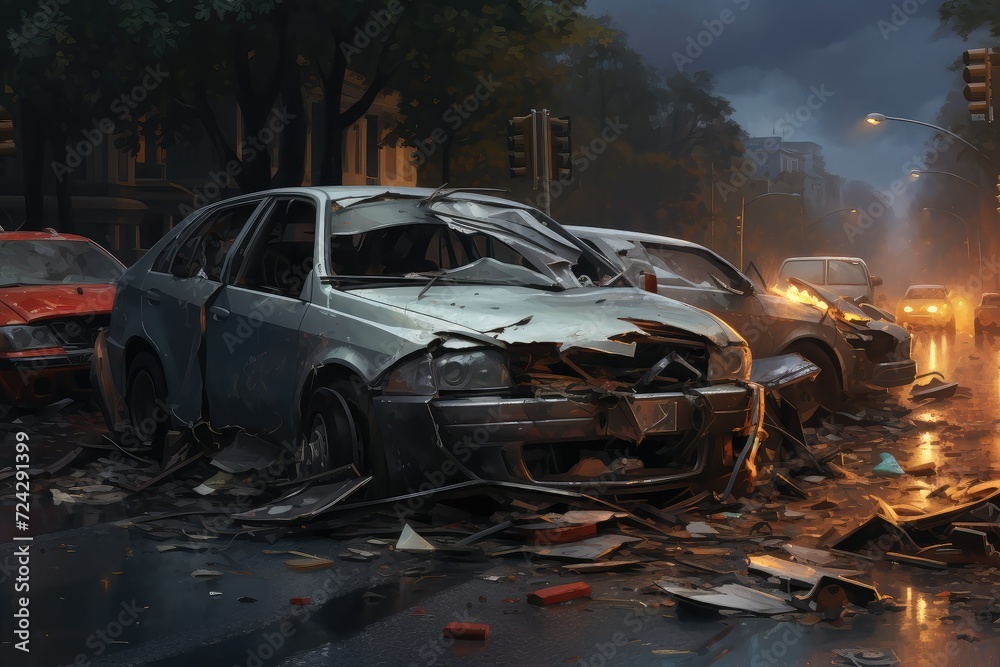 Burned cars after a car accident on the road in the city. Cars crashed heavily in road accident after collision on city street at night. car crash. Road safety concept.