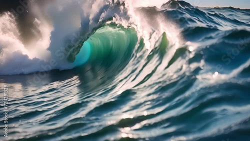 Closeup wave swirling churning underwater, creating mesmerizing whirlpool effect. photo