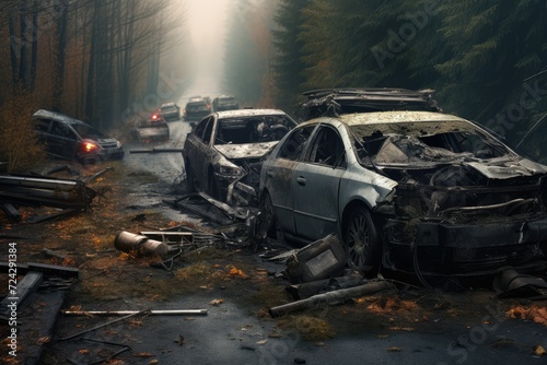 Burned cars in a foggy forest. Car crash concept. Broken cars in an accident. Crash on the road. Road safety and insurance concept. © Jahan Mirovi