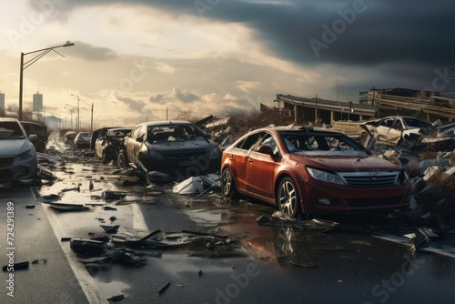 Car accident on the road. Damaged cars after a storm. Car accident, collision of cars. Road safety and insurance concept. Broken cars in an accident.
