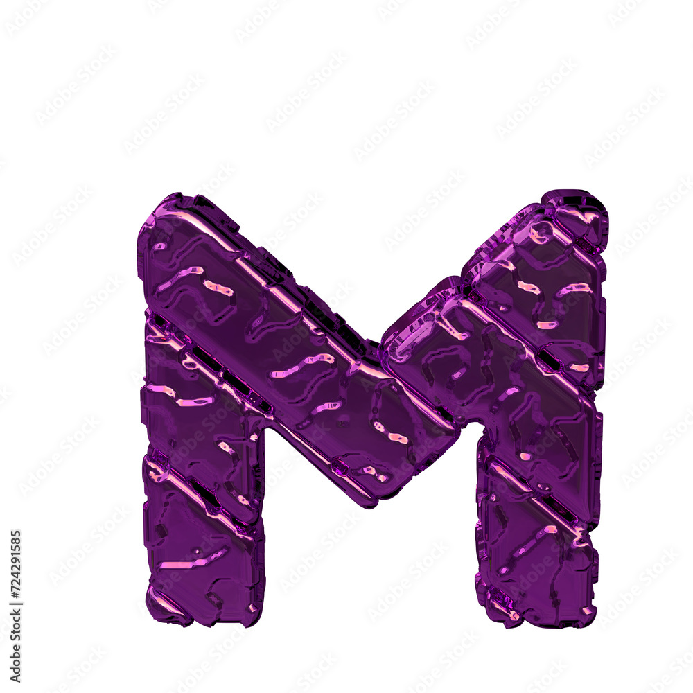 Purple symbol made from rough diagonal blocks. view from above. letter m Purple symbol made from rough diagonal blocks. view from above. letter m