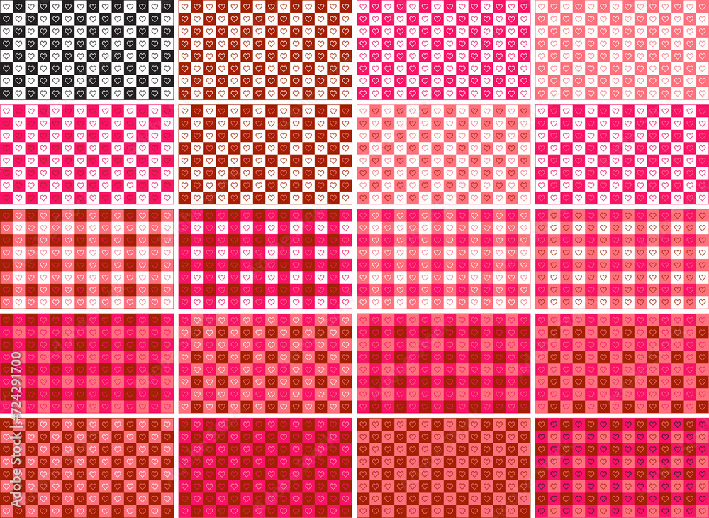 Valentines day checkered pattern background with pixel art hearts. No type. Outline, Vector illustration, in black and white, red, hot pink, pastel Valentines day checkered pattern background with pixel art hearts. No type. Outline, Vector illustration, in black and white, red, hot pink, pastel