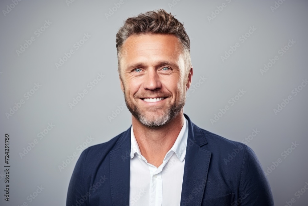 Portrait of a happy mature man smiling at the camera while standing against grey background Portrait of a happy mature man smiling at the camera while standing against grey background