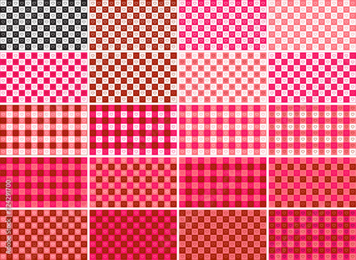 Valentines day checkered pattern background with pixel art hearts. No type. Outline, Vector illustration, in black and white, red, hot pink, pastel