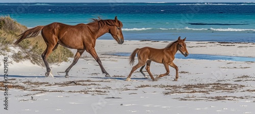 Majestic horses running on beach at sunrise, symbolizing freedom and power by the ocean