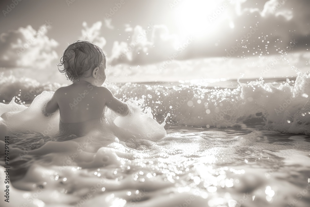a baby playing in the water at the beach