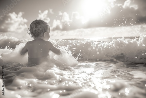 a baby playing in the water at the beach