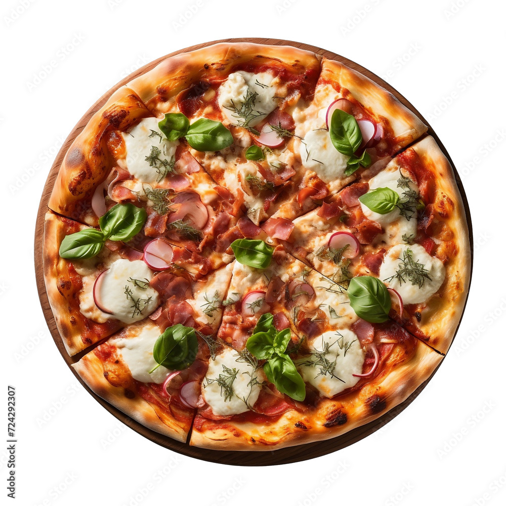 Top view of delicious pizza isolated on transparent background.
