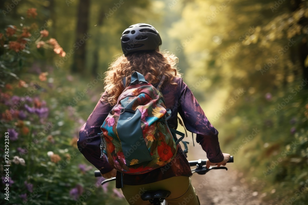 Fototapeta premium Rear view of young woman with backpack riding bicycle in forest. adventure and exploration. traveling and healthy lifestyle concept.