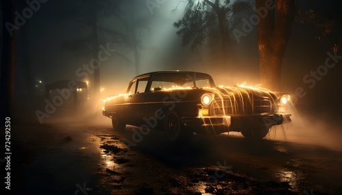 Old car driving on wet road at night in foggy forest.