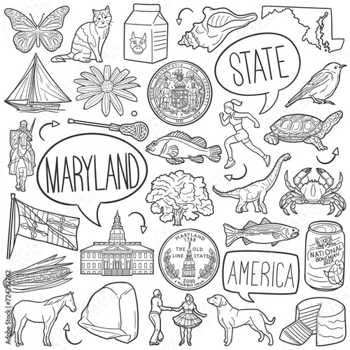 Maryland State Doodle Icons Black and White Line Art. United States Clipart Hand Drawn Symbol Design.