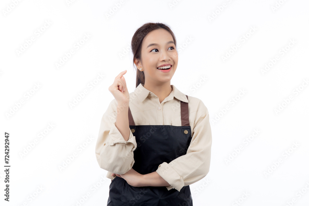 Portrait of young asian barista woman wearing apron thinking idea for planning isolated white background, waitress or entrepreneur thoughtful and consider, small business or startup, waiter of cafe. Portrait of young asian barista woman wearing apron thinking idea for planning isolated white background, waitress or entrepreneur thoughtful and consider, small business or startup, waiter of cafe.