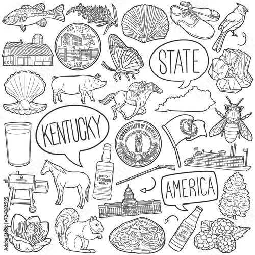 Kentucky State Doodle Icons Black and White Line Art. United States Clipart Hand Drawn Symbol Design.