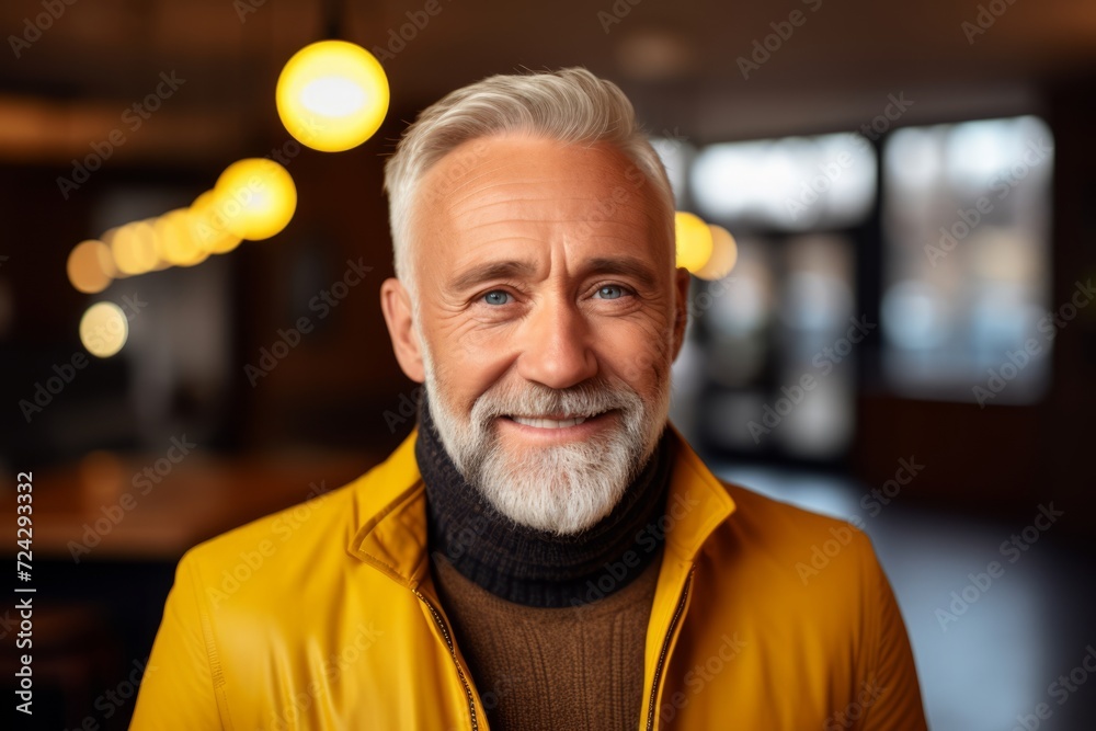 smiling senior man in yellow jacket looking at camera at cafe or restaurant smiling senior man in yellow jacket looking at camera at cafe or restaurant