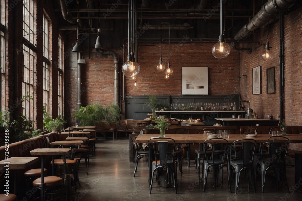 Fototapeta premium Step back in time and into this vintage industrial chic dining room, located in an old warehouse turned trendy restaurant. The exposed pipes and weathered brick walls serve as