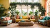 Tropical Escapade Transport yourself to a sunny and vibrant tropical retreat. The walls of the living room are painted a bright and bold yellow, with accents of turquoise and