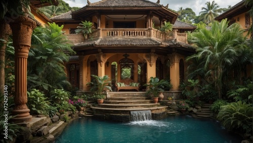 Tropical Oasis Picture a luxurious villa nestled in a tropical rainforest  where the sound of a waterfall and the scent of exotic flowers surround you. The interior is adorned