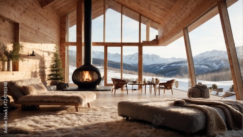 Winter Cabin Nestled in a snowy mountain landscape  this sustainable living space is the perfect retreat for winter months. The interior is filled with warm  natural textures 