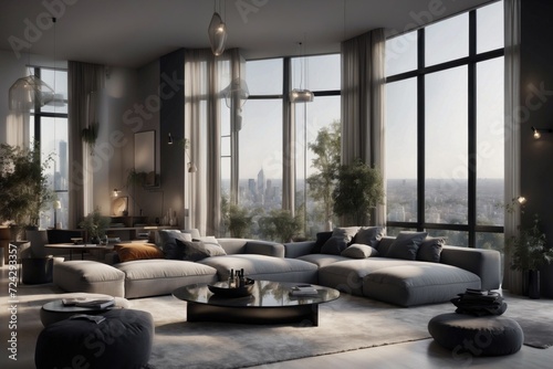 A cozy minimalist living room nestled in the heart of an urban landscape. Soft grey walls and sleek black furniture create a clean and inviting space, while large windows allow