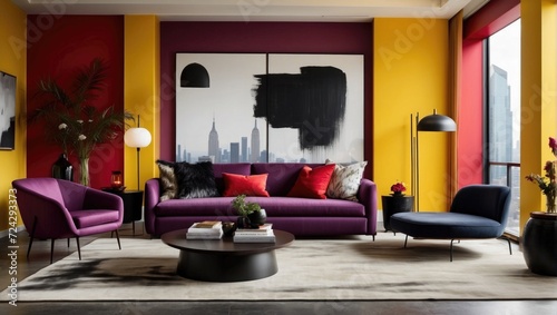 Urban Oasis Step into a vibrant and modern urban living room. The walls are painted a deep  bold purple and are adorned with edgy black and white art pieces. The furniture is