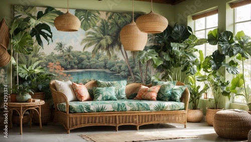 Escape to a tropical oasis with a cottage core twist. Vibrant botanical prints adorn the walls, while wicker furniture and hanging plants bring the outside in. Sunsoaked mornings
