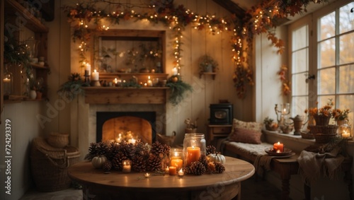 Step into a dreamy autumn cottage  with rich colored leaves falling outside and soft string lights illuminating the charming living space. Knickknacks from nature  like pinecones