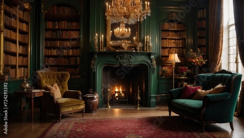 Autumn Escape Step into a cozy library with floortoceiling bookshelves, filled with leatherbound books and flickering candlelight. The walls are lined with intricate wallpaper,