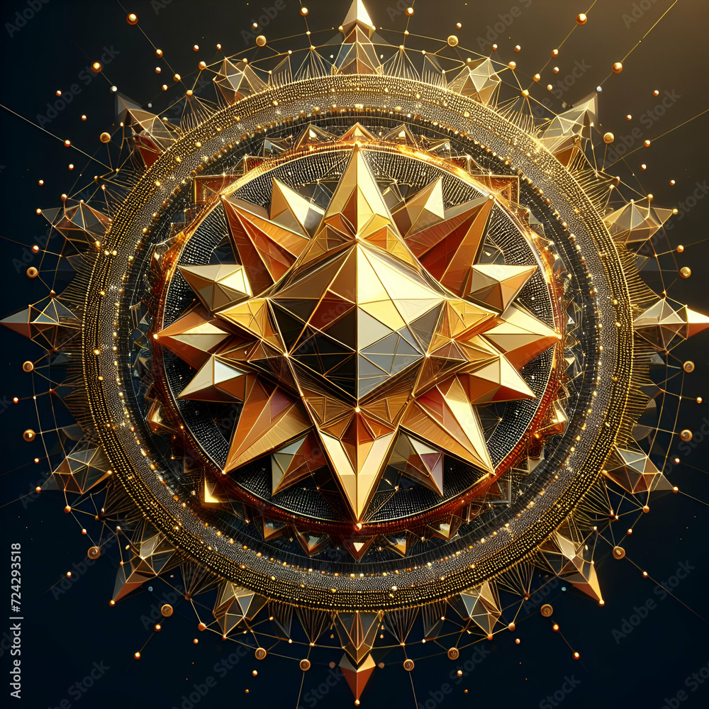 Colorful Artistic Cosmic Sunflower Low Poly Triangle 3D Model Pattern & Modern Polygonal Poly Shapes of Golden Mosaic Metallic Foil Inlay Vibrant Sacred Religious Geometry Stars & Aquarius Sun Mandala