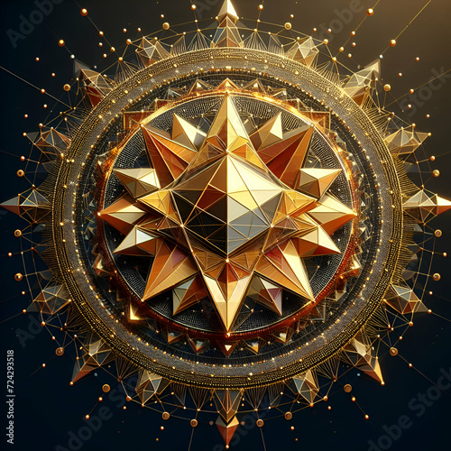 Colorful Artistic Cosmic Sunflower Low Poly Triangle 3D Model Pattern & Modern Polygonal Poly Shapes of Golden Mosaic Metallic Foil Inlay Vibrant Sacred Religious Geometry Stars & Aquarius Sun Mandala photo