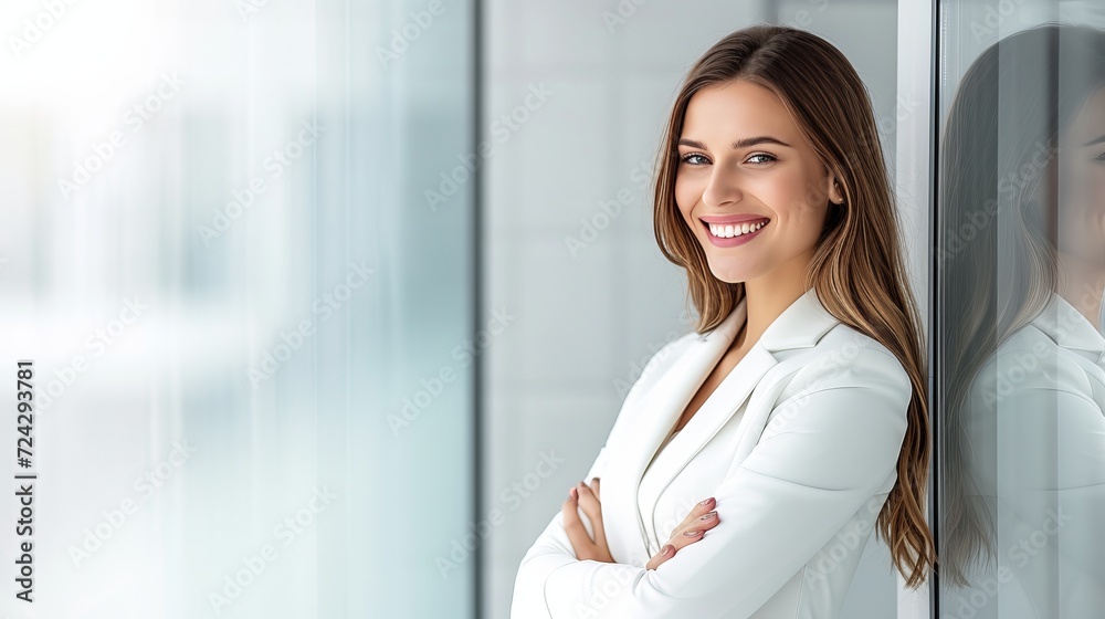 Happy businesswoman at modern office meeting, blurred glass wall background with copy space