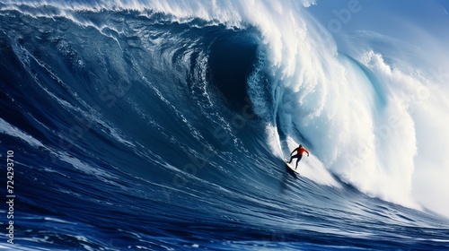 Surfer riding massive blue ocean waveextreme sports and active lifestyle concept.