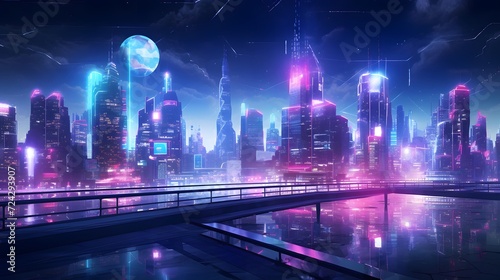 Futuristic city at night with neon lights. Panoramic illustration