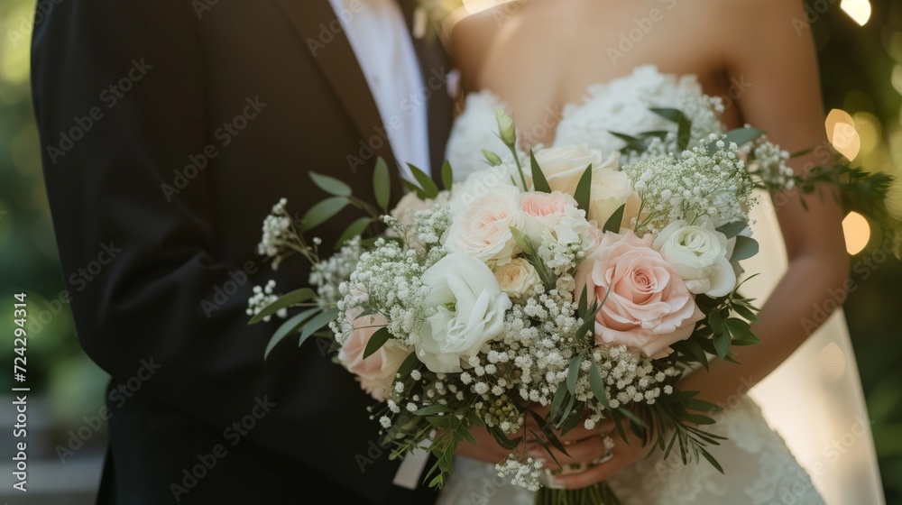 Close-up view bridal bouquet consisting of lush white and pale pink flowers, of a bride and groom on their wedding day. Close-up view bridal bouquet consisting of lush white and pale pink flowers, of a bride and groom on their wedding day.