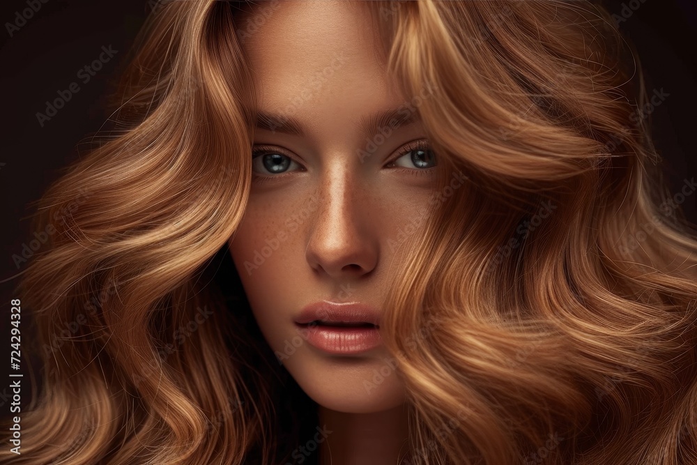 A stunning portrait of a freckled woman with long, layered hair, accentuated by bold eyeliner and a glossy lip, exuding confidence and timeless beauty A stunning portrait of a freckled woman with long, layered hair, accentuated by bold eyeliner and a glossy lip, exuding confidence and timeless beauty