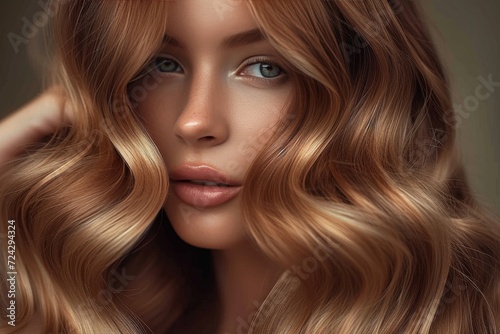A captivating woman with long, wavy brown hair and piercing eyes undergoes a stunning makeover, showcasing her layered hair and expertly applied eyeliner and lip gloss