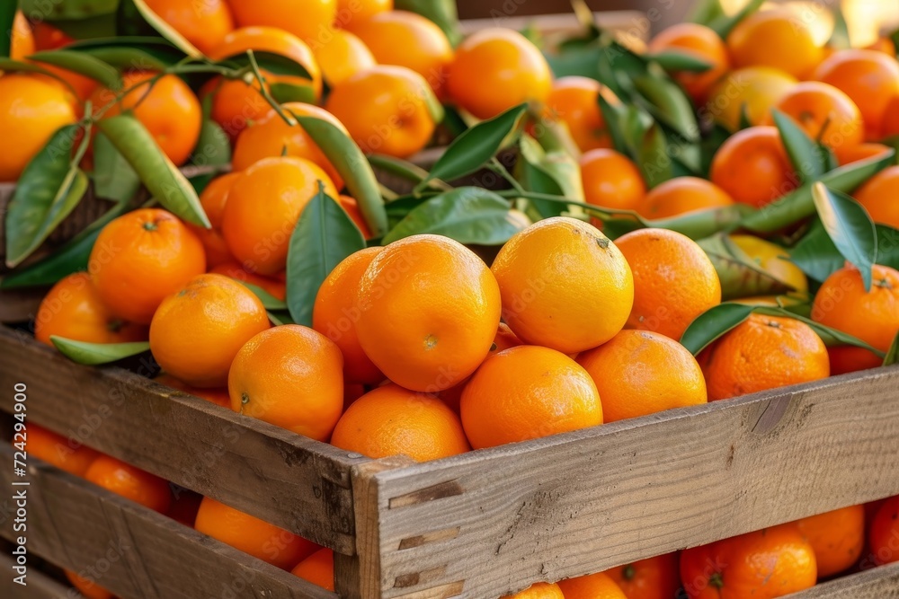 A vibrant and healthy display of locally grown, vegan-friendly citrus fruits, including mandarin, clementine, and blood oranges, in a rustic wooden crate at an outdoor market