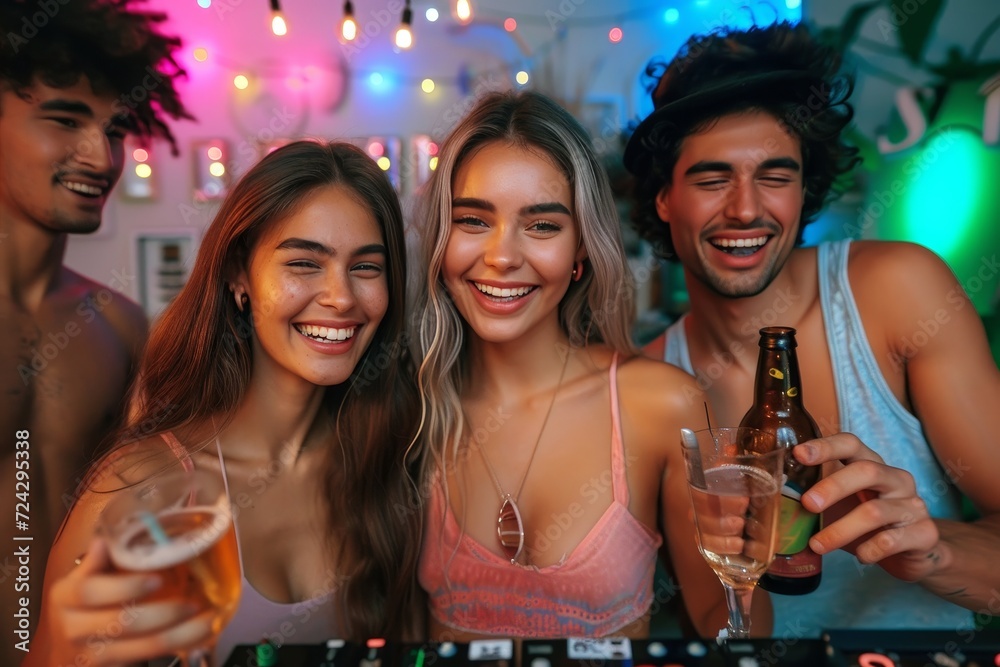 Vibrant and jubilant, a lively group of partygoers bask in the pulsating energy of a nightclub, their beaming smiles and colorful clothing illuminated by neon lights as they clink glasses and dance t