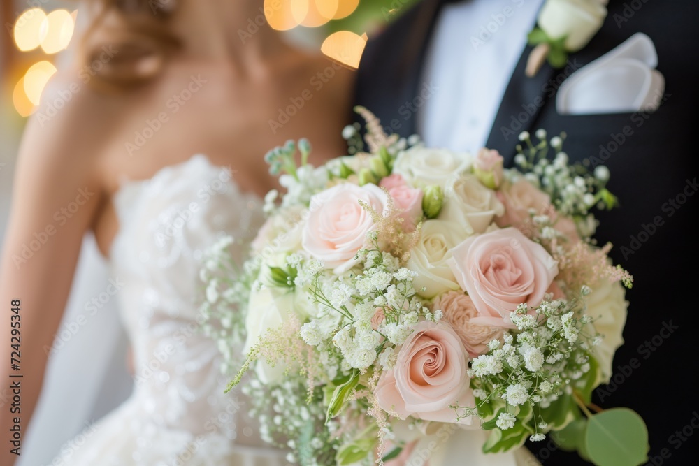 Close-up view bridal bouquet consisting of lush white and pale pink flowers, of a bride and groom on their wedding day. Close-up view bridal bouquet consisting of lush white and pale pink flowers, of a bride and groom on their wedding day.