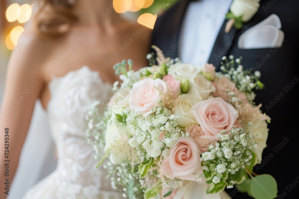  Close-up view bridal bouquet consisting of lush white and pale pink flowers, of a bride and groom on their wedding day.