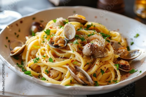 Indulge in a fusion of italian and asian cuisine with a steaming bowl of al dente pasta, loaded with clams and sprinkled with fresh parsley, creating a mouth-watering fusion of flavors and textures t photo