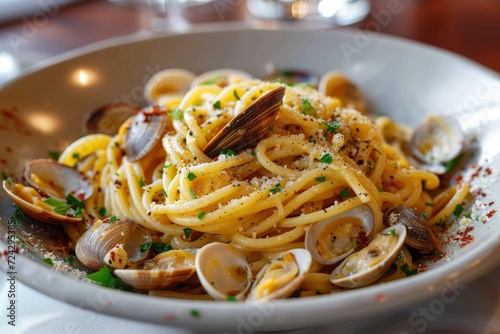 An inviting bowl of al dente spaghetti topped with savory clams and rich parmesan cheese, showcasing the flavors and traditions of italian cuisine