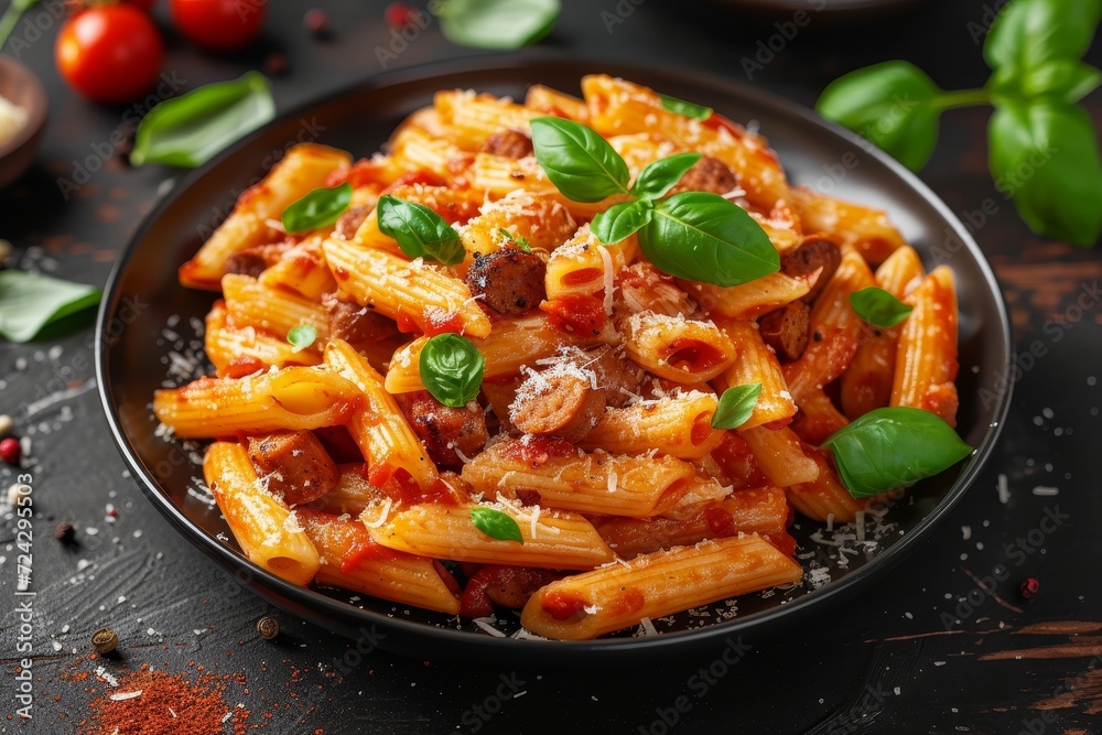 An aromatic italian dish bursting with fresh flavors, featuring a hearty mix of penne pasta, basil, and tender meat atop a vibrant bed of stir-fried vegetables in a savory tomato sauce