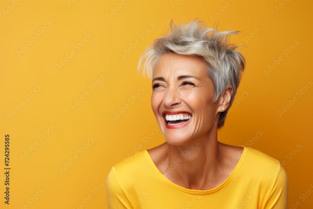 Portrait of a happy mature woman laughing over yellow background. Copy space. Portrait of a happy mature woman laughing over yellow background. Copy space.