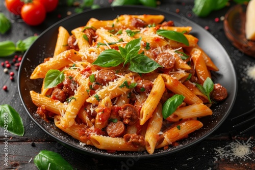 A mouth-watering italian dish of penne pasta, tender meat, and fragrant basil, topped with juicy tomatoes and served on a vibrant indoor plant, showcasing the delicious blend of fast food convenience